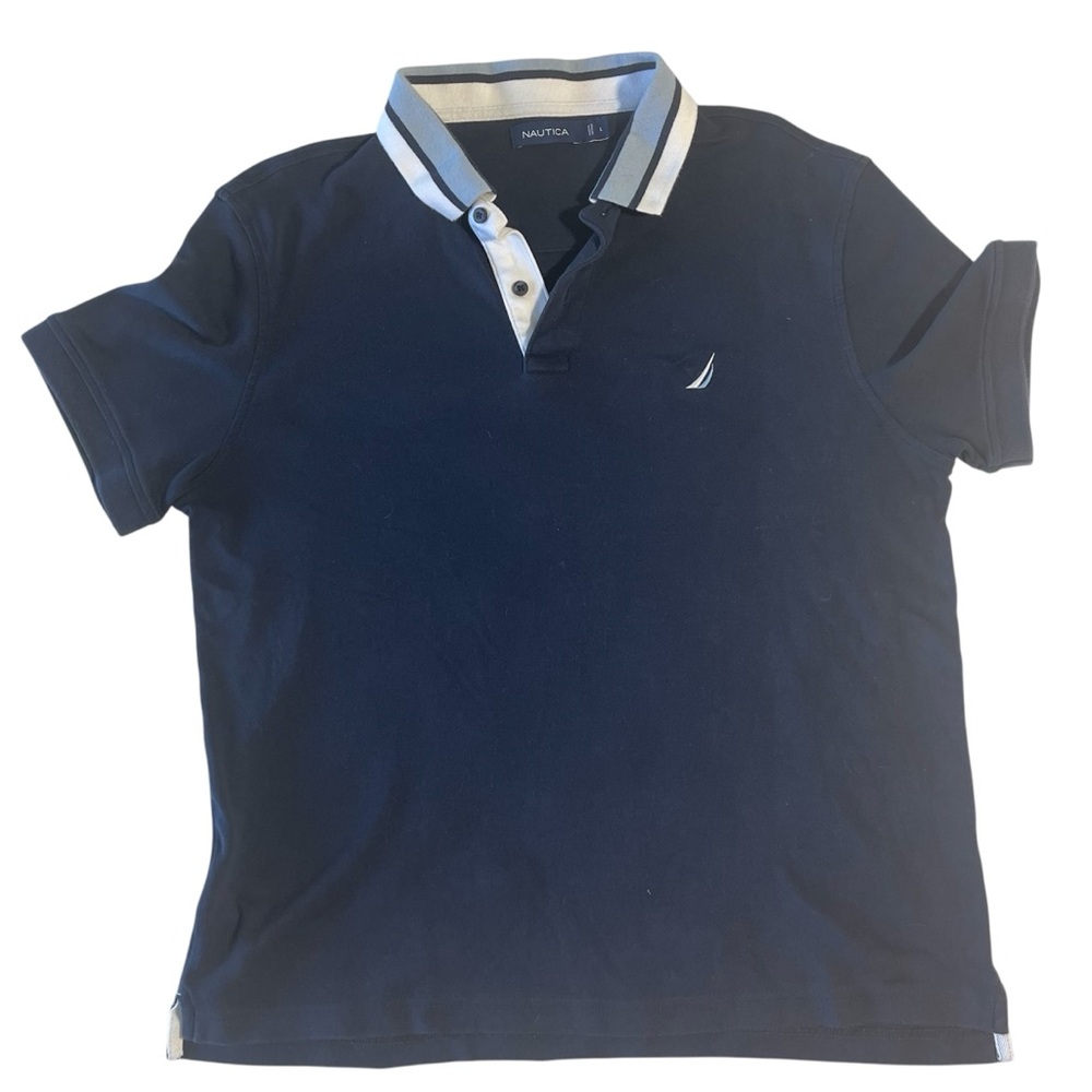 Nautica Polo Short Sleeve Navy Blue with White Collar Shirt Men’s L